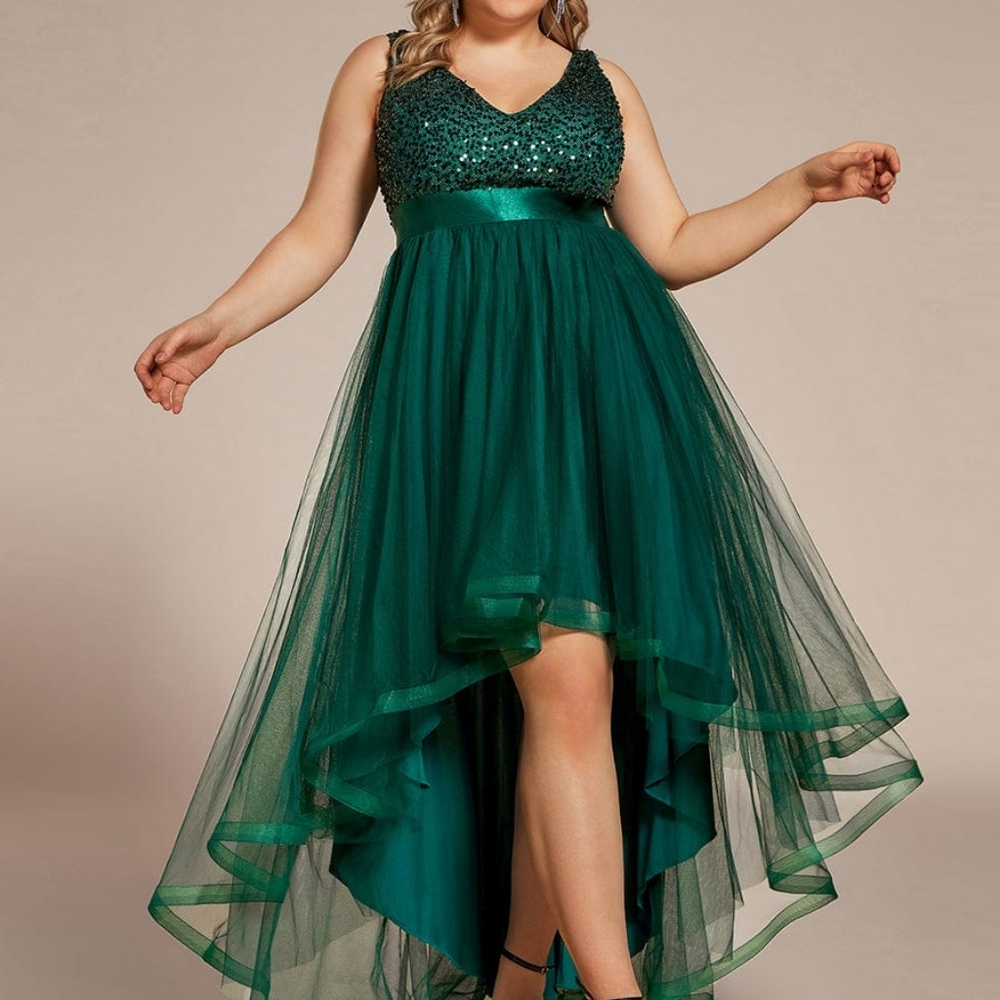 Green sequin bodice tulle high/low evening dress  size 16 only have on for 2 hou
